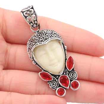 

55x22mm Special Long Heavy 14.9g Goddess White Face, Created Red Blood Ruby Gift Silver Pendant