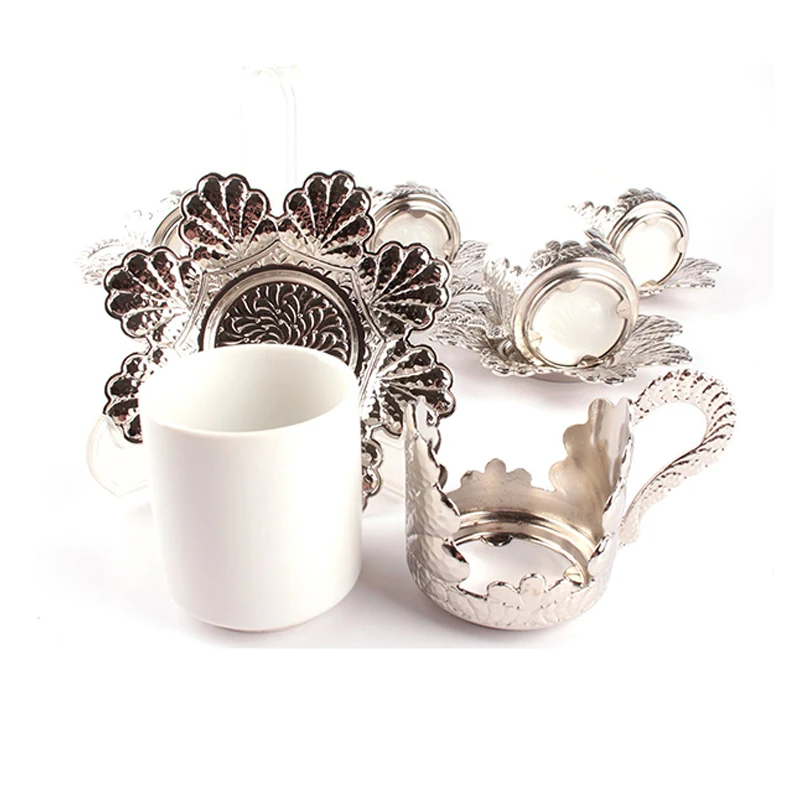 Silver Color Alisveristime Set of 2 Pc Turkish Greek Arabic Coffee Espresso Cup Saucer Porcelain Set Wooden Box