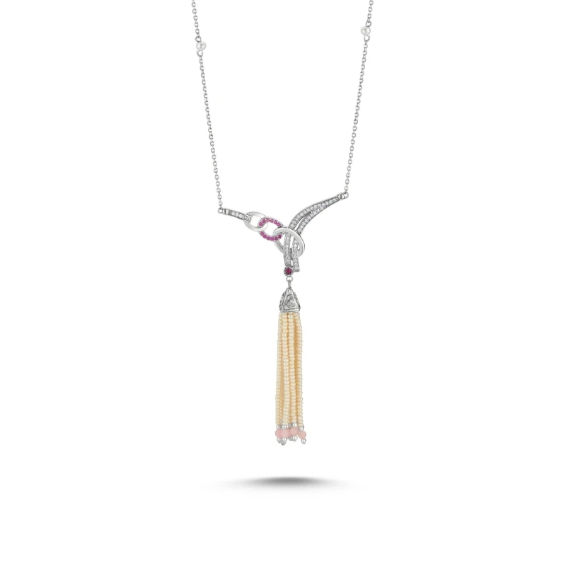

Silver 925 Sterling Majorca Pearl and Pink Quartz Tassels Zircon Cubic Zirconia Necklace