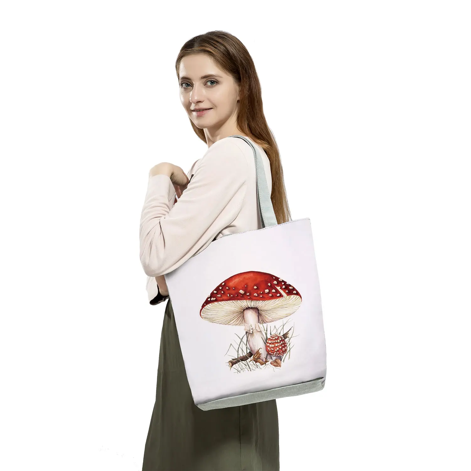 Ladies Flowers on Mushroom Design Bag Zip Closure Handbag  2 Handles 