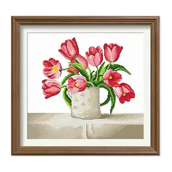 

Blue Flowers Tulips Flowers in Vase on Table Stamped Cross Stitch Kit Embroidery needlework set