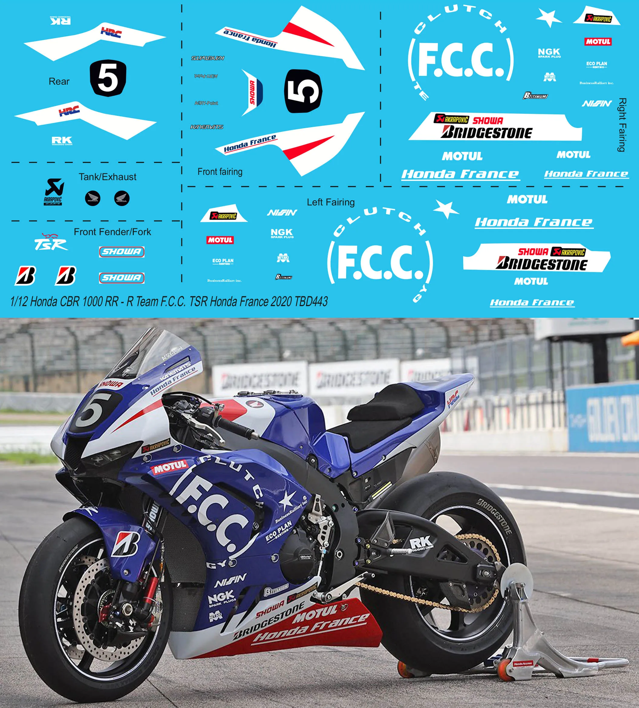1/12 наклейки X Honda CBR 1000 RR-R Team F.C.C. TSR Франция 2020 наклейка TBD443 |