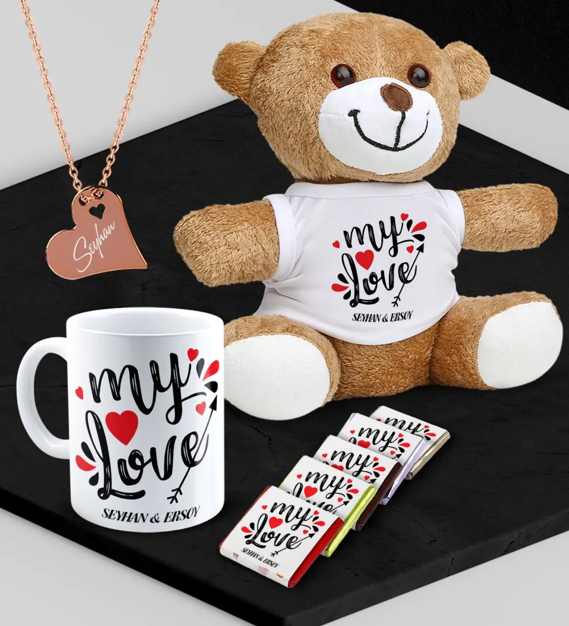 

Personalized Lovers Plush Bear Mug If You Would Chocolate and Rose Heart Necklace Set-81