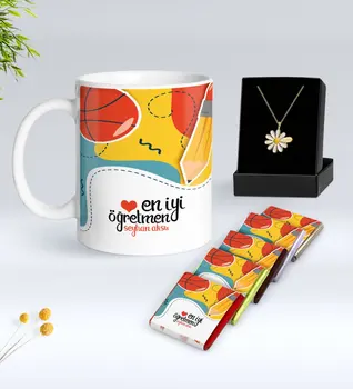 

Personalized Best Teacher White Mug Chocolate and Is Daisy Necklace Gift Seti-5