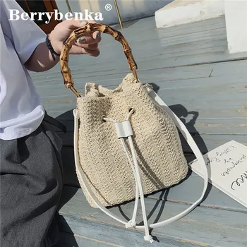 

Berrybenka Slub Handle Straw Bucket Bags For Women 2020 Small Shoulder Handbags Female Travel Totes Lady Fashion New Hand Bag