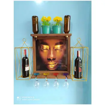 

Wooden Red Wine Beer Rack 4 Bottle Holder Wall Picture Goblet Holder Gold Metal Candle Holder Candlestick Artificial Flowers