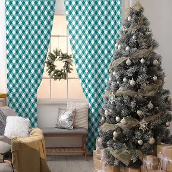 

Classic Diagonal Checkered Design Plaid Pattern Traditional Artwork Printed Blue White Curtain