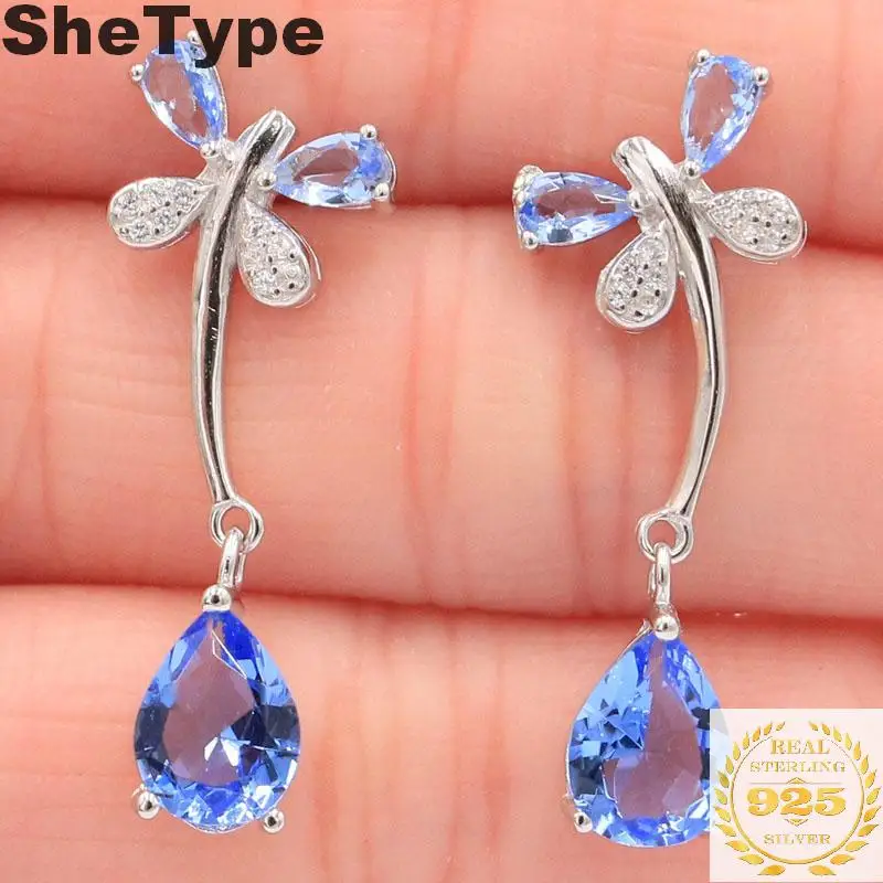 

32x12mm 2019 Dragonfly Shape 3.66g Created Rich Blue Violet Tanzanite CZ Gift For Sister 925 Solid Sterling Silver Earrings