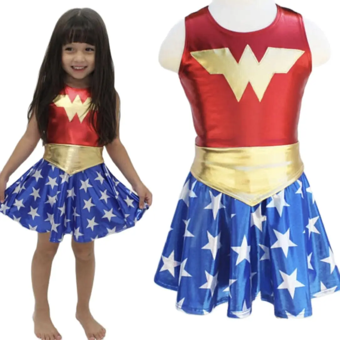 Children Summer Style Sleeveless Spandex 4 Pieces Sets Superhero Wonder Women Halloween Costumes for Kids Girls Cosplay Costume Kids Girls Dress Halloween Dress Outfit