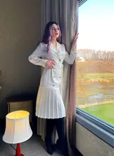 Dress Women Pleated-Belt Patchwork-Bottom Simplee Long-Sleeve Midi Notched Vintage Autumn