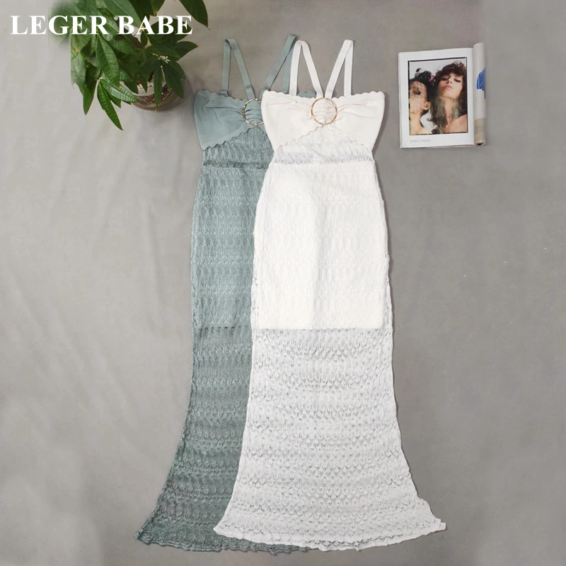 

LEGER BABE New Style Women Lace Maxi Dresses Lady Sleeveless White Prom Formal Halter Party Dress See-through Bodycon Vestidos