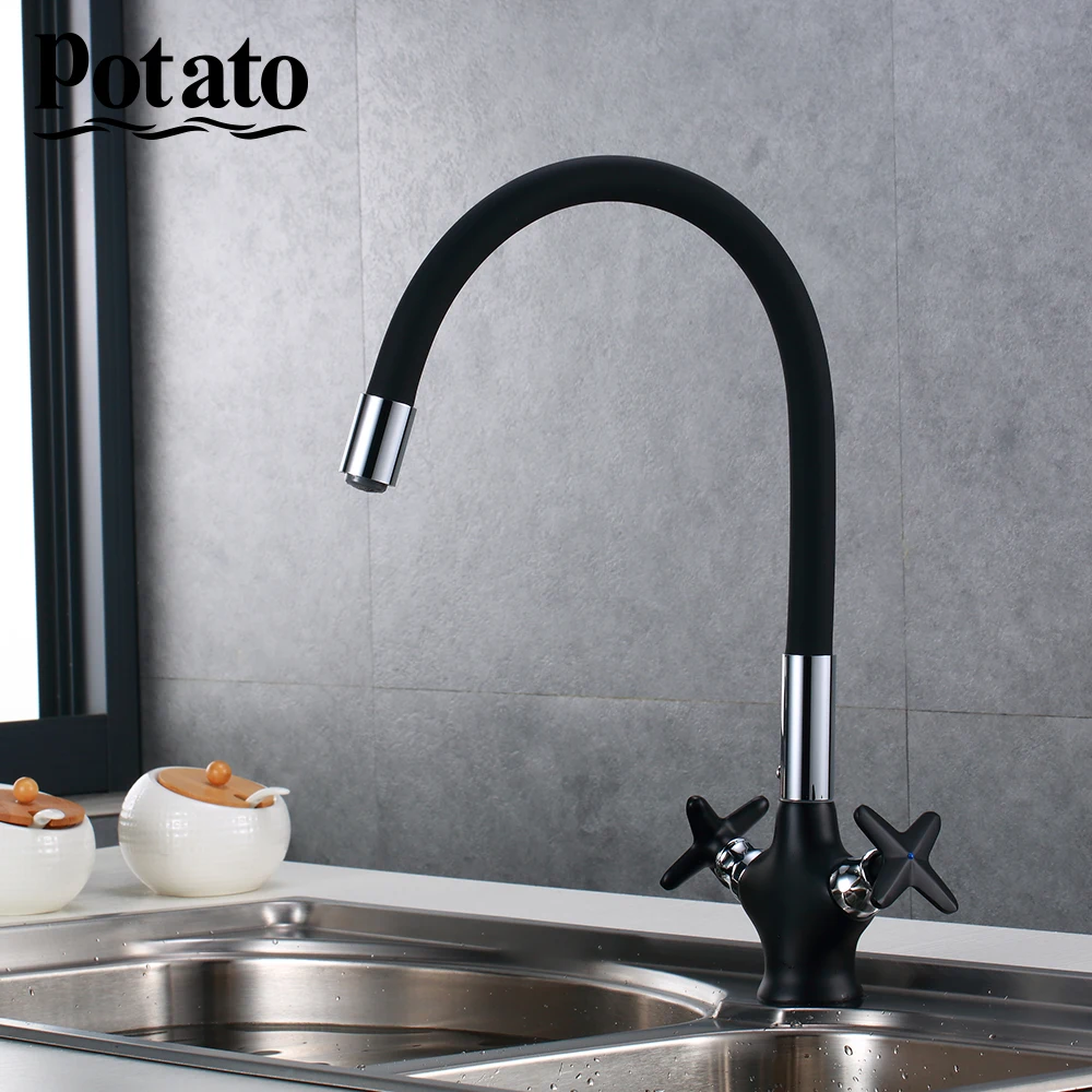 

Potato Chrome Kitchen Silica Gel Nose Any Direction Kitchen Faucet Cold and Hot Water Mixer Sink Square Tap Mixers p58322-
