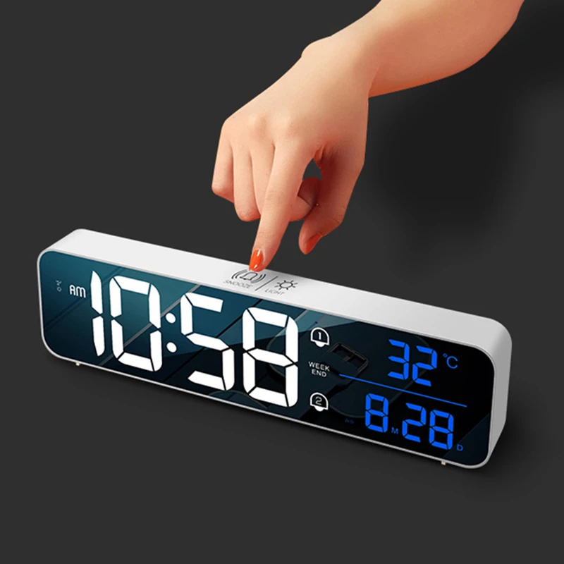 Sveglia digitale a LED con musica, temperatura, data, display, specchio da tavolo, decorazione da tavolo per la casa, controllo vocale, batteria da 2400 mAh_voghion.com