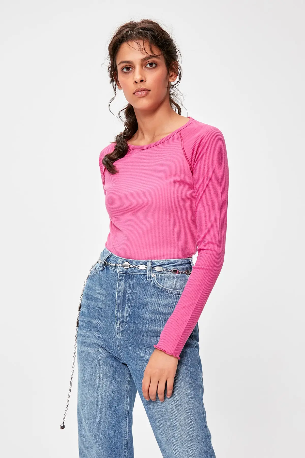 Trendyol фуксия трикотажная блузка в рубчик TWOAW20BZ0307|Блузки| |