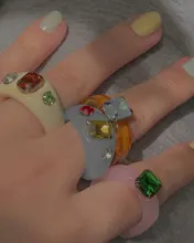 HUANZHI-Conjunto de anillos redondos de resina acrílica para mujer, colorido, Diamante de imitación cuadrado geométrico, regalo de viaje, 2021