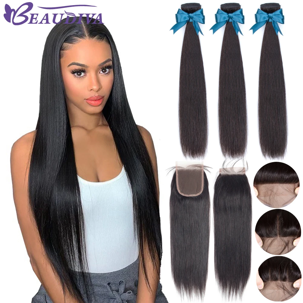  Beaudiva Straight Bundles With Closure Brazilian Hair Weave Bundles With Closure Human Hair Bundles