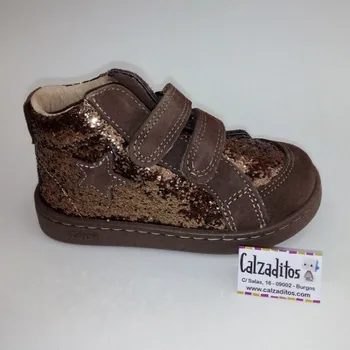 

Ankle boots split leather toe and two velcros color taupé with glitter, Dobsons.com