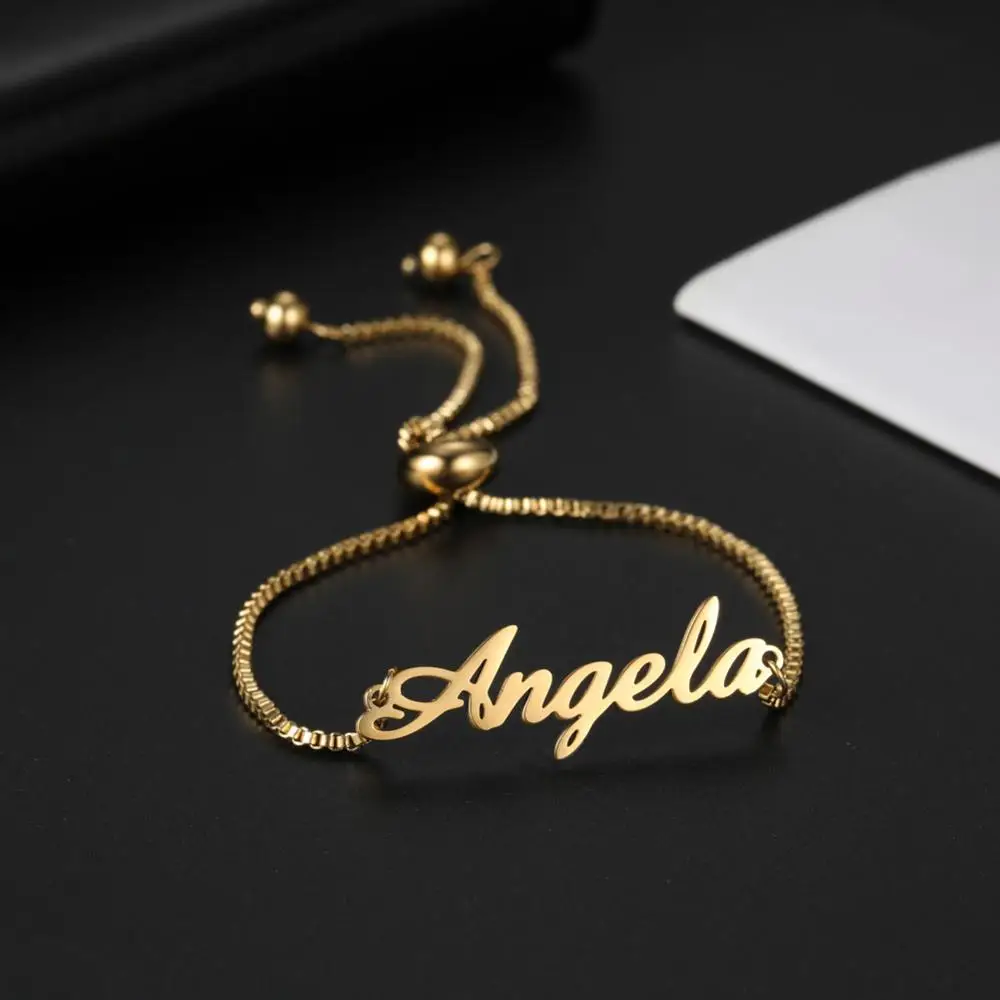 

LIKGREAT Customized Bracelets for Kids Women Name Letter Personlized Bead Bangle Stainless Steel Box Chain Fashion Jewelry Gift