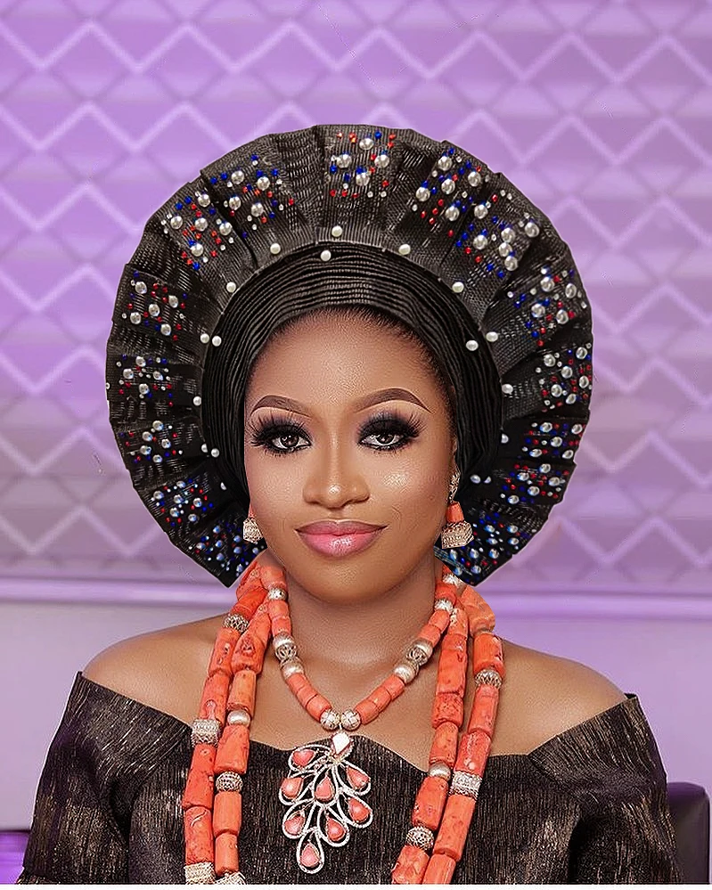 

AS047 New Design Already Made Auto Gele Nigeria LAdies Headtie Circle Style with Beads and Stone for Wedding and Party