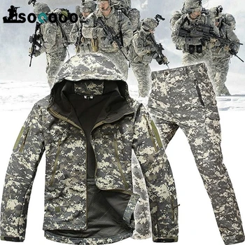 SOQOOOL Tactical Softshell Camouflage Jacket Set Army Windbreaker Waterproof Hunting Clothes Military Uniform Jackets and Pants man new winter waterproof fishing trousers tactical softshell hunting outdoor jackets set army suit military pants