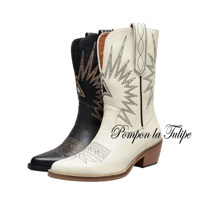 

BHS 9011162 Chic Retro Embroider Genuine Cow Leather 5.5CM Chunky Heel Cowboy Stylish Comfy Casual Western Women Fashion Boots