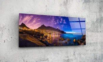 

City Lights Night Sea Rocks 92x36cm Glass Table Glass Painting Printing Glass Table