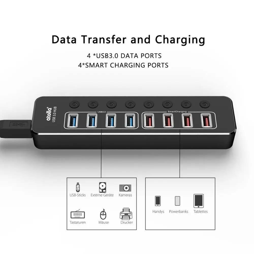 Powered USB Hub 3.0 atolla Aluminum 8-Port USB Hub with 4 USB 3.0 Data Ports and 4 USB Smart Charging Ports USB Splitter with