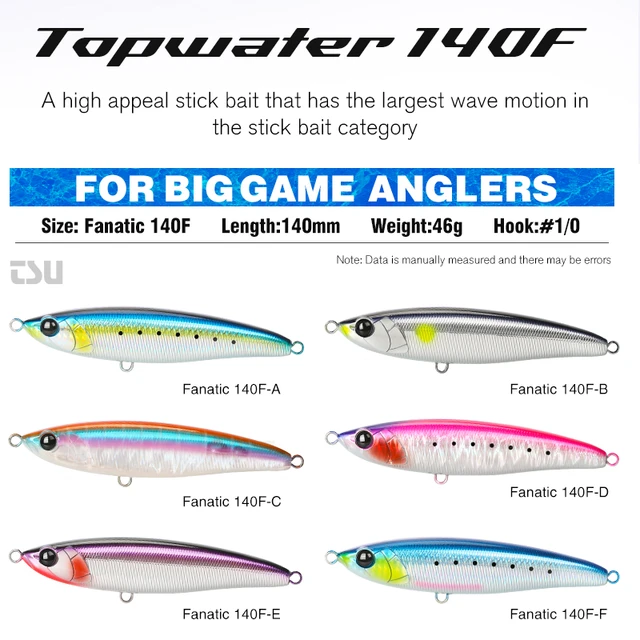 TSURINOYA 140F Stickbait Topwater Fishing Lure FANATIC 140mm 46g Boat  Seabass Saltwater Big Game Artificial Hard