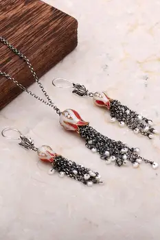 

Cabochons the Laleli Design Long Necklace Double Set 2034Hand Made Silver Jewellery Set