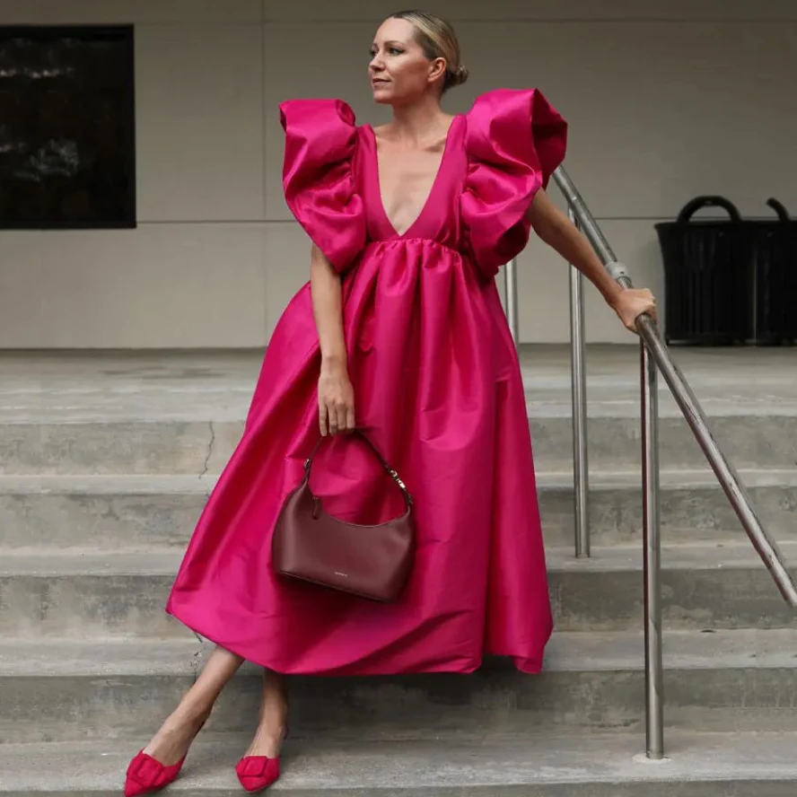 V-neck Satin Dress Ruffles Long Dress Women's Dress High-waisted Open Back Dress A-line Taffeta Dress Elegant Dresses For Women