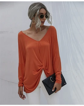 

Oversize Long Sleeve Top V-neck Loose T-shirt Women Knot Tops Tee 2020 Autumn Soft Tee Shirts Casual Solid Female Camisetas