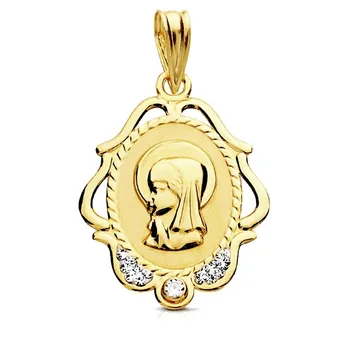 

Medal 9k gold Virgin Girl carved frame zircons 22mm. [AB3220]