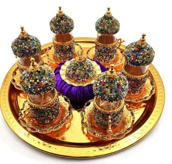 

Handmade authentic design turkish greek arabic coffee Espresso set 6 service, cups with lid tray arbitrary candy dish gift
