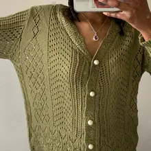 Chaqueta corta de las mujeres primavera hueco elegante cuello en V coreano Vintage mujer jersey blanco dulce chicas perlas ropa de punto de mujer