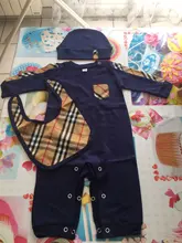 Ropa de estilo británico para bebé recién nacido, conjunto de 3 peleles a cuadros de algodón a rayas para recién nacidos, gorro y babero, moda de verano