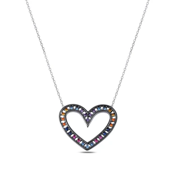 

Silver 925 Sterling Heart Mixed Color Zircon Stone Necklace
