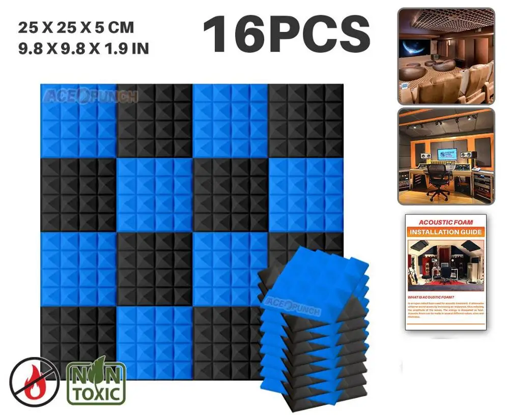 Arrowzoom 16 шт. набор цветов 9," x 9,8" x 1," Пирамида плитка студия Звукопоглощающая Панель акустическая пена AZ1034 - Цвет: Black and Blue