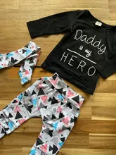Conjunto de verano para recién nacida, ropa para beba, camiseta de mangas cortas Daddy is my Hero + pantalones + cinta para la cabeza