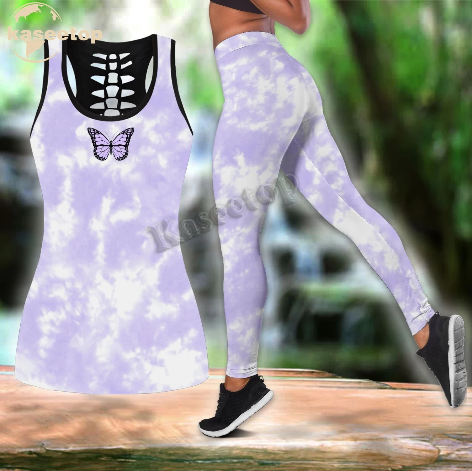

Комплект для йоги из двух предметов Женский, жилет с 3D принтом бабочки и разноцветные блестящие леггинсы с вырезами, лето LK174