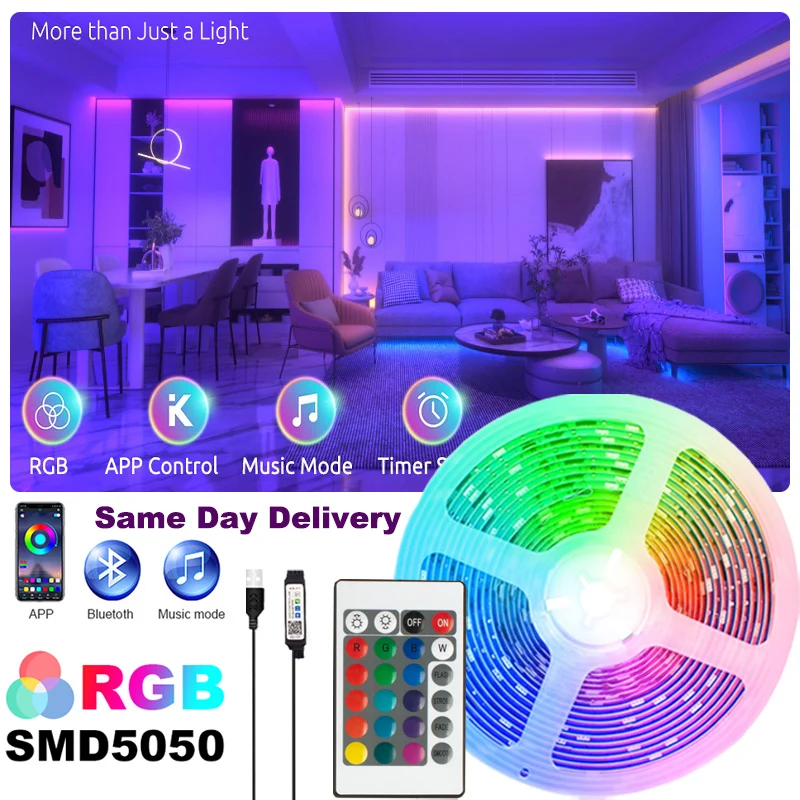 

LED Strip Lights Bluetooth RGB Neon Lights Phone Control 5050 Tape for TV Backlight Room Decor 5V LED Lighting with 24key Remote