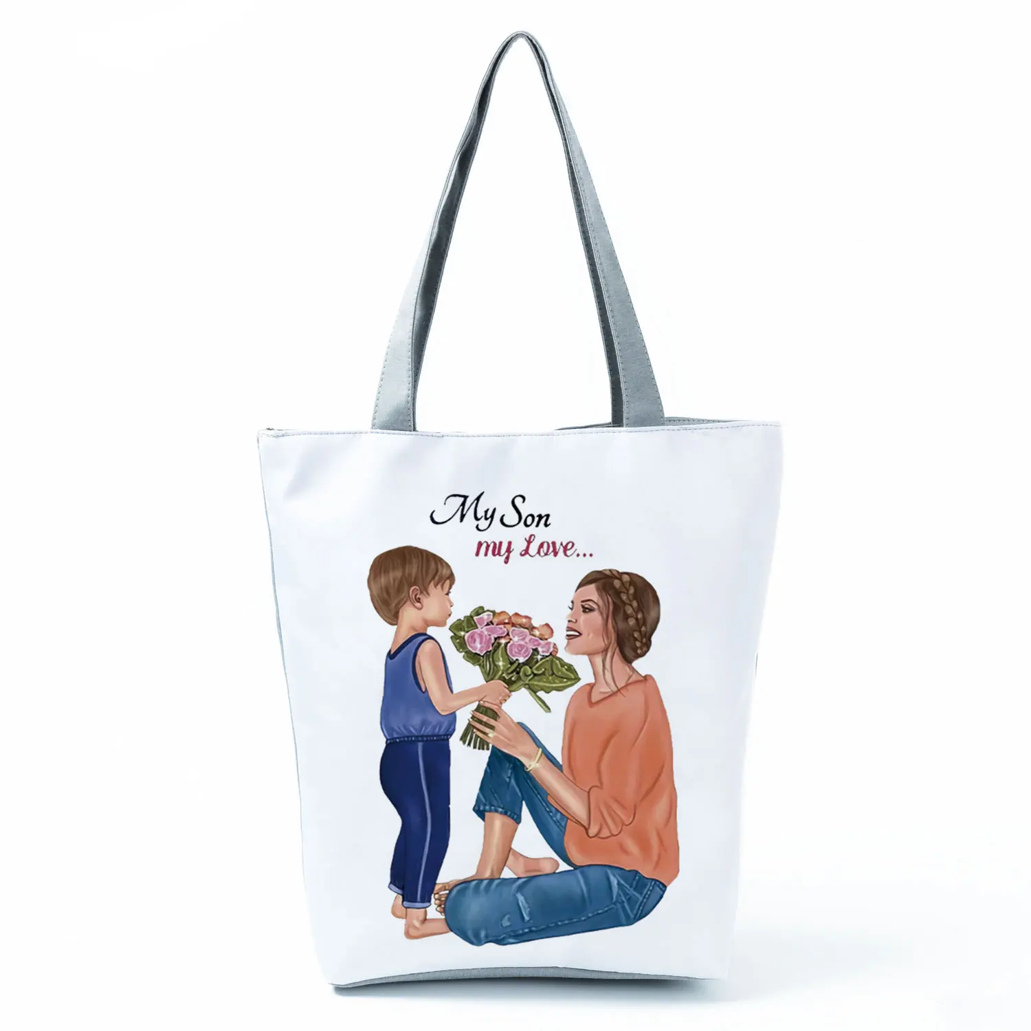 Cute Cartoon Super Mama Print Tote Bag Reusable Shoulder Bags Mom and Baby Folding Women Casual Handbags Portable Shopping Bags 