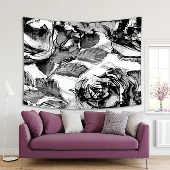 

Tapestry Rose Flowers Leaves Sketch Retro Vintage Watercolor Style Artwork Printed Black White