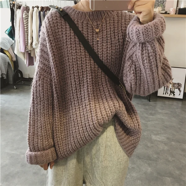 

Obrix Sweet Loose Casual Style Knited Female Sweater Spring Autumn O-Neck Full Sleeve Assymetric Length Pullover For Women