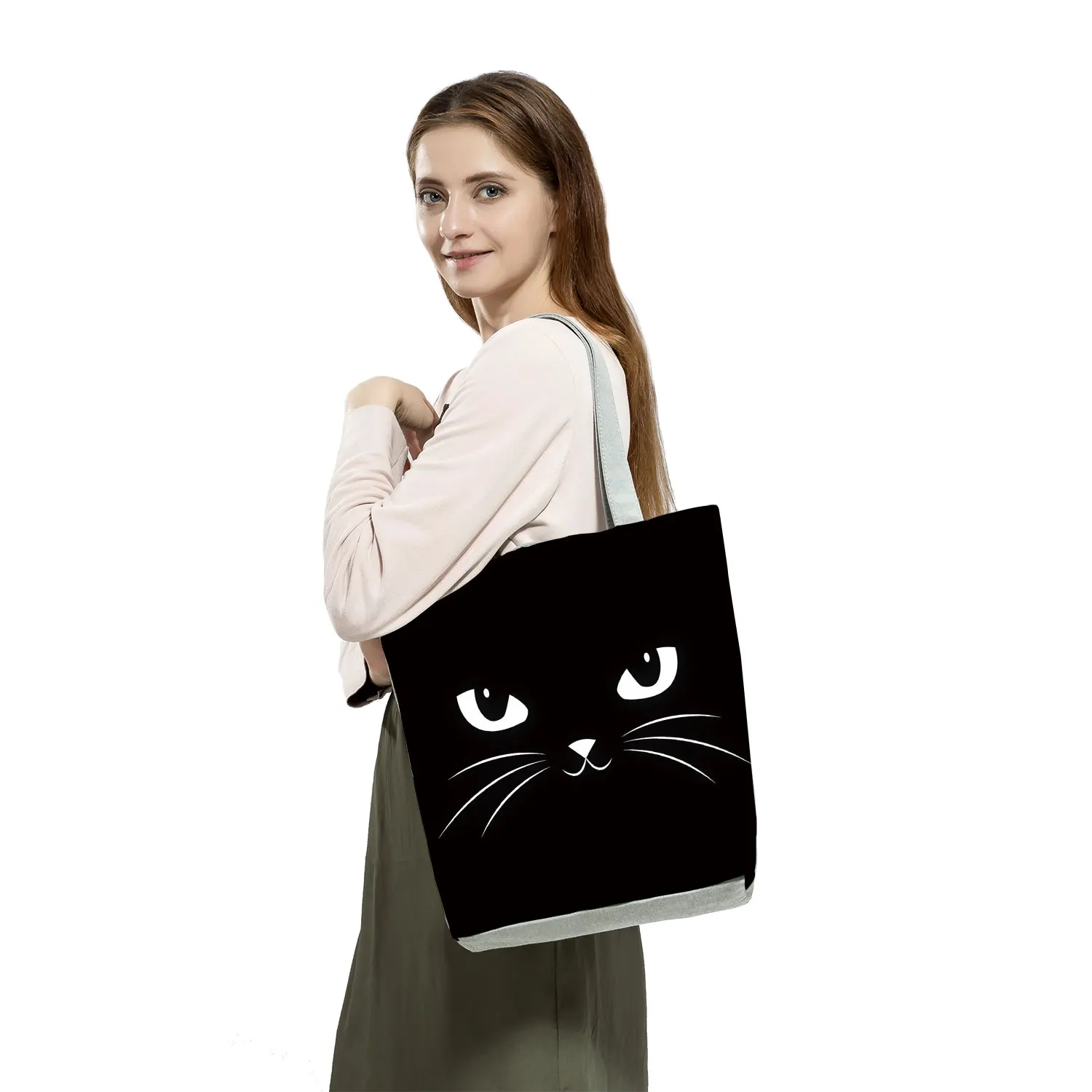 Black Cat Print Animal Art Painting Shopping Hand Bag Women Shoulder Bag Eco Outdoor Tote Shopper Bag for Boutique Eco Reusable women's bags big