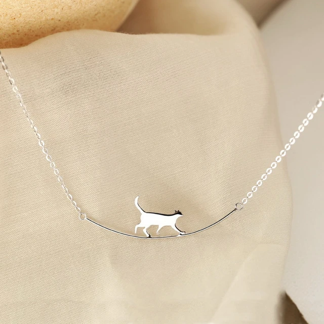 Silver Plated Cute Cat Pendant Necklace Clavicle Women Simple Chain Jewelry