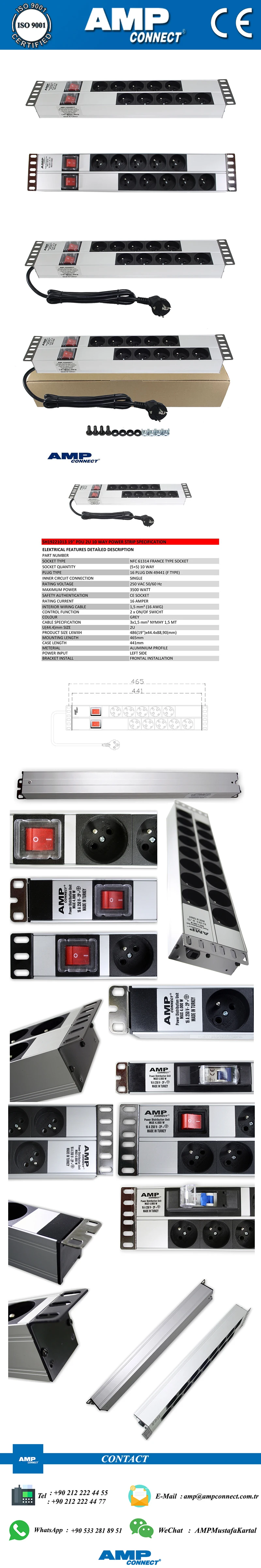Amp подключения PDU 19 ''2U(5+ 5) 10 способ французский тип NFC 61314 разъем 2 единицы ВКЛ/ВЫКЛ освещенный переключатель алюминиевый профиль рамка PDU