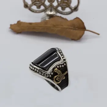

925 Sterling Black Onyx Stone Moon Star Patterned Silver Ring Fashion Turkish Premium Quality Handmade Jawelery