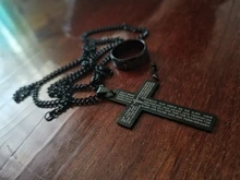 Letdiffery de acero inoxidable de Color negro cruz de jesús carta anillo de rezo de biblia anillos de dedo para los hombres 8mm joyas de amuleto