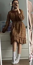 Plaid Dress Peter-Pan-Collar Long-Sleeve Autumn-Style Mori-Girl Cute Kawaii Fashion Lady