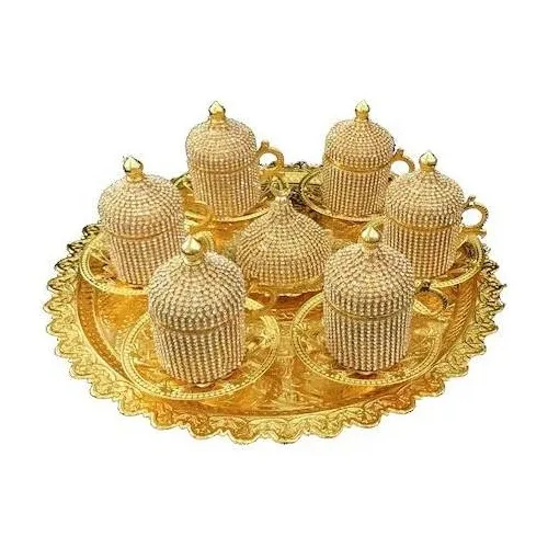 

Turkish Coffee Espresso Cup with Inner Porcelain, Metal Holder, Saucer and Lid, 8 Pieces (Gold with Crystals)
